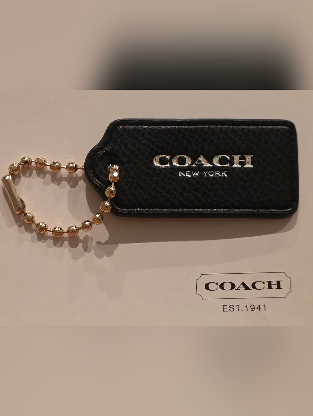 Coach Black Leather Hangtag with Gold Ball Chain